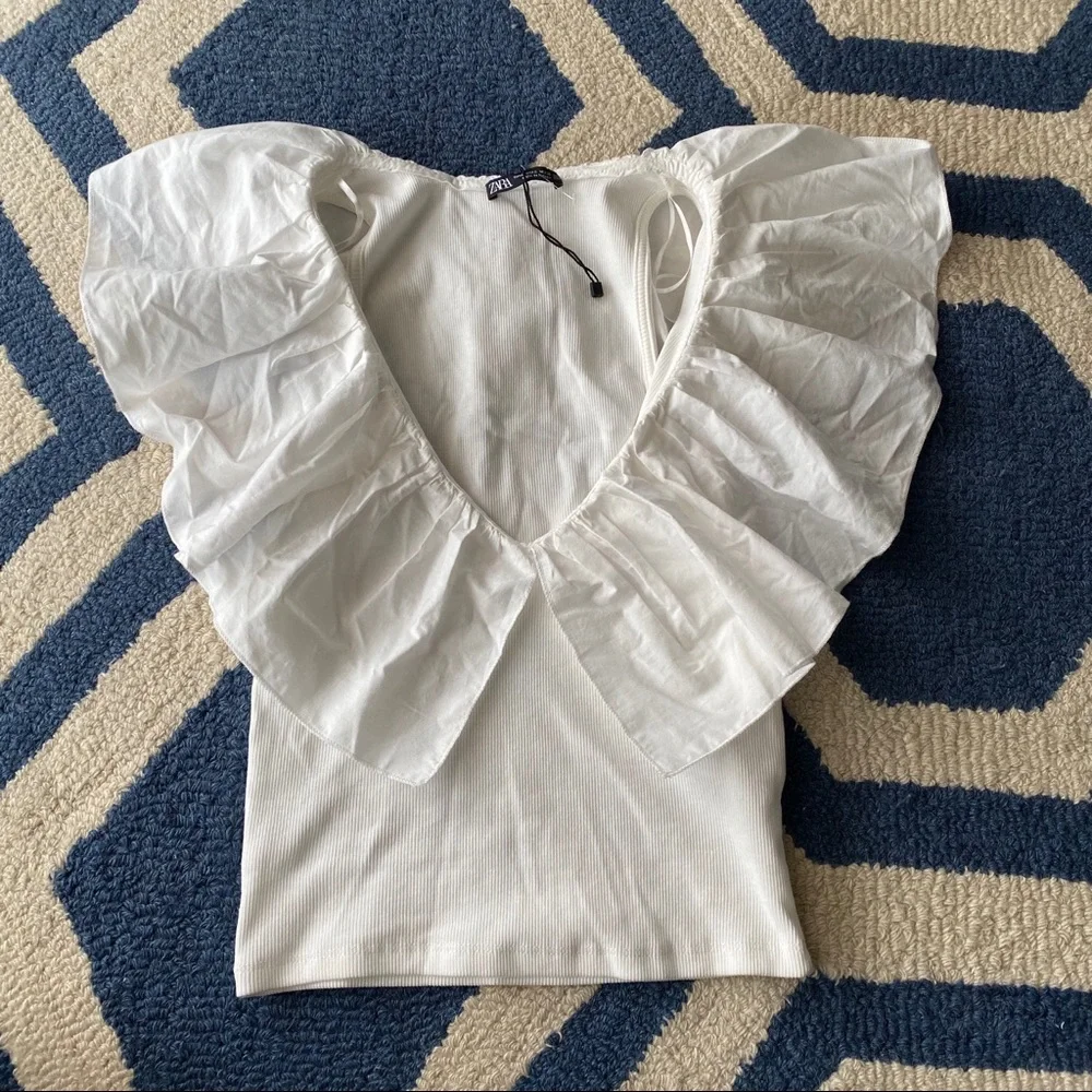 🐚 ZARA BOHO IVORY COTTON RUFFLE CROPPED TOP! - Picture 6 of 9